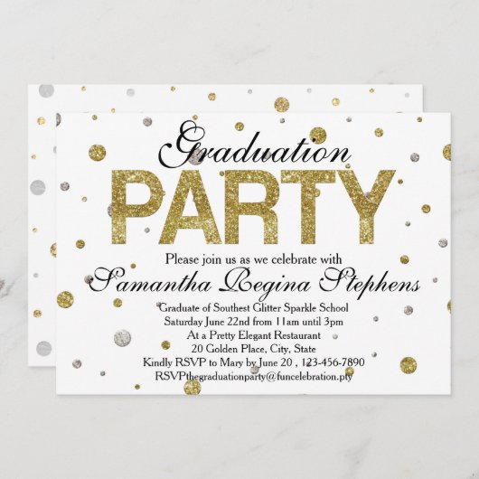 Gold Sparkle-Confetti Graduation Party Kaart (Voorkant / Achterkant)