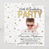 Gold Sparkle Confetti Photo 70th Birthday Party Kaart (Voorkant / Achterkant)