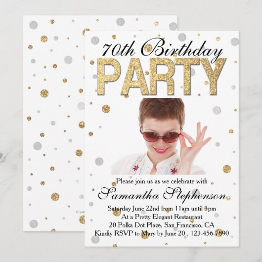 Gold Sparkle Confetti Photo 70th Birthday Party Kaart (Voorkant / Achterkant)