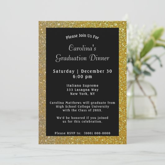 Gold Sparkle Dinner Black Afstuderen Kaart (Staand voorkant)