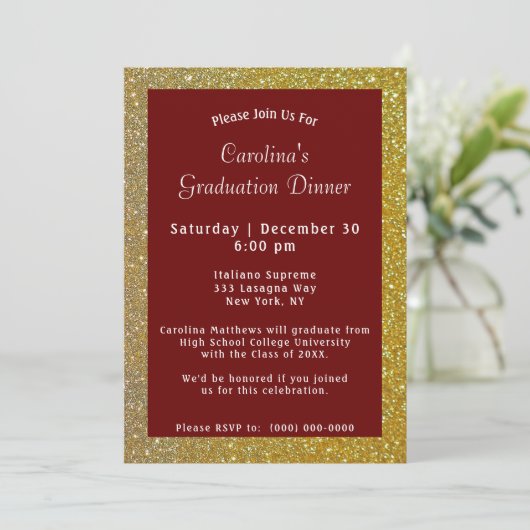 Gold Sparkle Dinner Maroon Afstuderen Kaart (Staand voorkant)