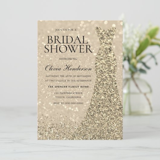 Gold Sparkle Dress Champagne Shimmer Vrijgezellenf Kaart (Staand voorkant)