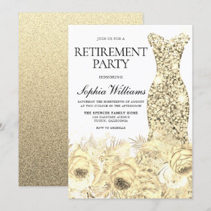 Gold Sparkle Dress & Flowers Retirement Party Kaart