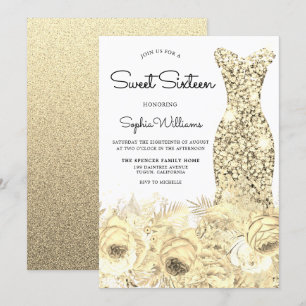 Gold Sparkle Dress & Flowers Sweet 16 Party Kaart