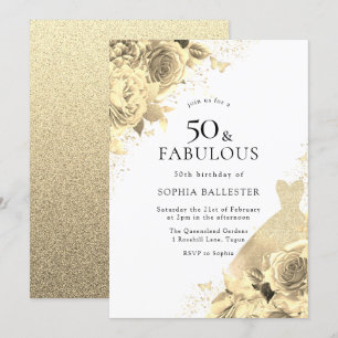 Gold Sparkle Dress & Flowers Womans 50e verjaardag Kaart