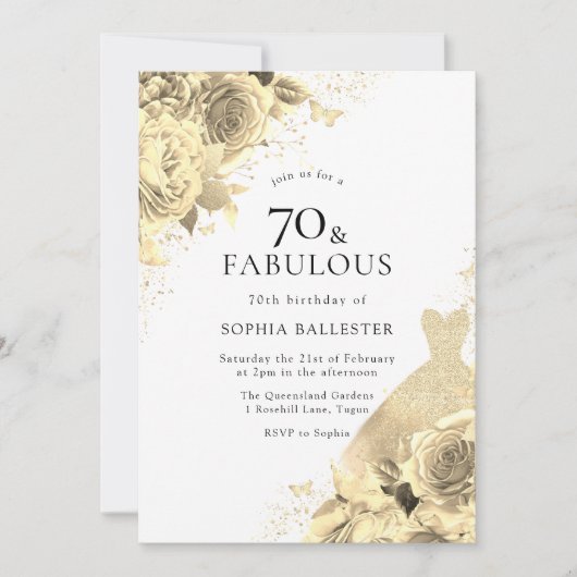 Gold Sparkle Dress & Flowers Womans 70e verjaardag Kaart (Voorkant)