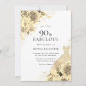 Gold Sparkle Dress & Flowers Womans 90th Birthday Kaart (Voorkant)
