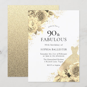 Gold Sparkle Dress & Flowers Womans 90th Birthday Kaart