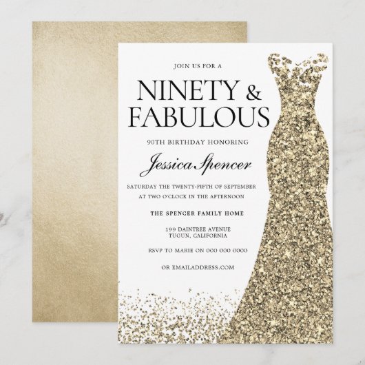 Gold Sparkle Dress Womans 90e verjaardag Kaart (Voorkant / Achterkant)