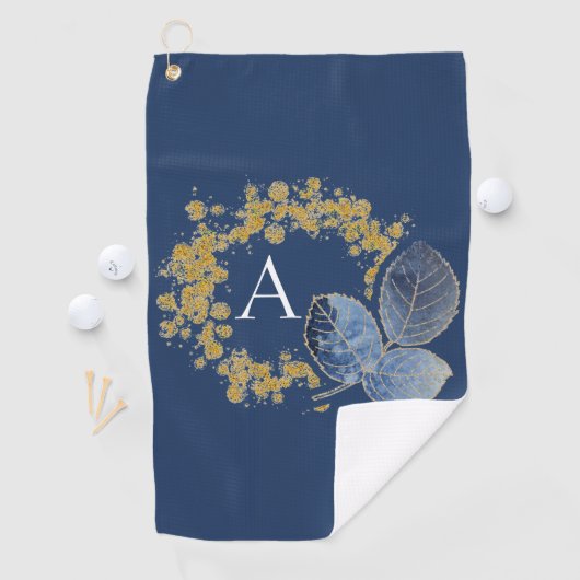 Gold Sparkle en Blue Leaf Monogram Voeg Jouw naam  Golfhanddoek (Insitu)