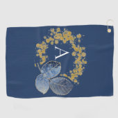 Gold Sparkle en Blue Leaf Monogram Voeg Jouw naam  Golfhanddoek (Horizontaal)