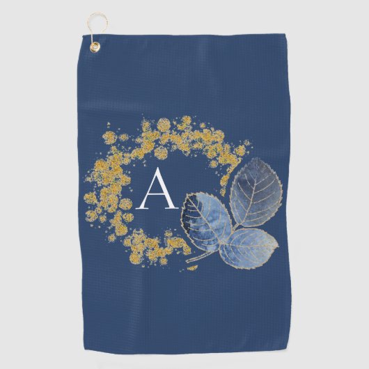 Gold Sparkle en Blue Leaf Monogram Voeg Jouw naam  Golfhanddoek (Voorkant)
