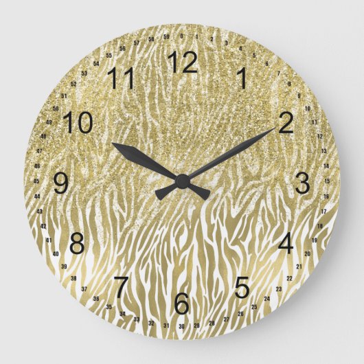 Gold Sparkle Faux Glitter Zebra Print Grote Klok (Voorkant)