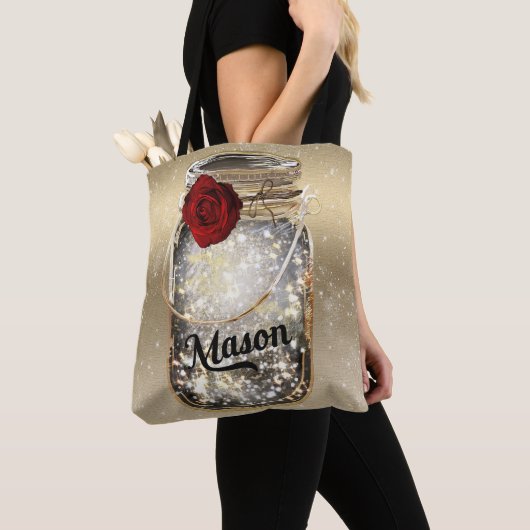 Gold Sparkle Glam Red Rose Mason Jar Tote Bag (Dichtbij)