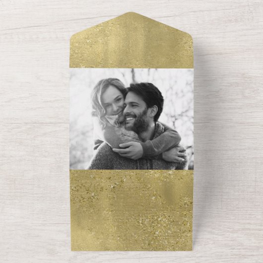 Gold Sparkle Glam Weddenschap All In One Uitnodiging (Buitenkant)