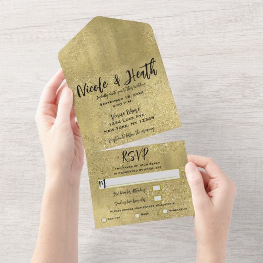 Gold Sparkle Glam Weddenschap All In One Uitnodiging (Afscheurbaar)
