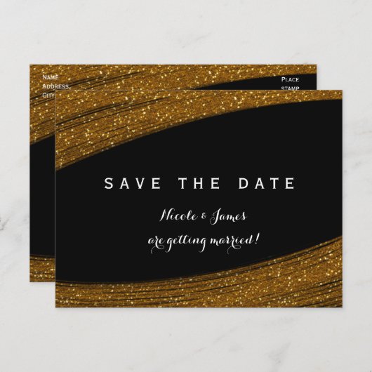 Gold Sparkle Glitter Black Save the Date Briefkaar Aankondigingskaart (Voorkant / Achterkant)