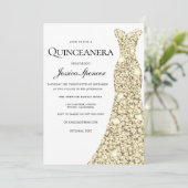 Gold Sparkle Glitter Dress Quinceanera Invite Kaart (Staand voorkant)