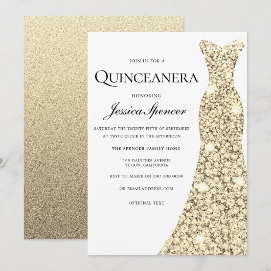 Gold Sparkle Glitter Dress Quinceanera Invite Kaart (Voorkant / Achterkant)