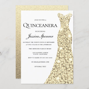 Gold Sparkle Glitter Dress Quinceanera Invite Kaart