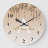 Gold Sparkle Glitter Monogram Naam en Initiaal Grote Klok (Voorkant)