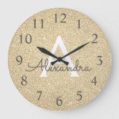 Gold Sparkle Glitter Monogram Naam en Initiaal Grote Klok (Voorkant)