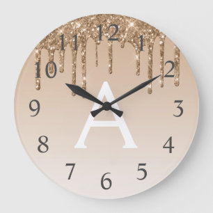 Gold Sparkle Glitter Monogram Naam en Initiaal Grote Klok