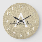 Gold Sparkle Glitter Monogram Naam en Initiaal Grote Klok (Voorkant)