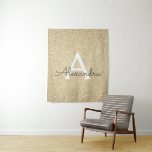 Gold Sparkle Glitter Monogram Tapestry Wandkleed