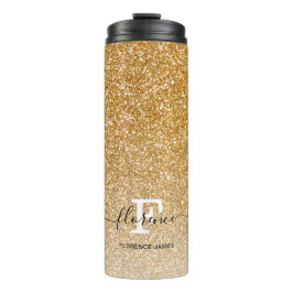 Gold Sparkle Glitter Ombre Girly Monogram Naam Thermosbeker
