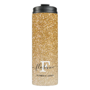 Gold Sparkle Glitter Ombre Girly Monogram Naam Thermosbeker