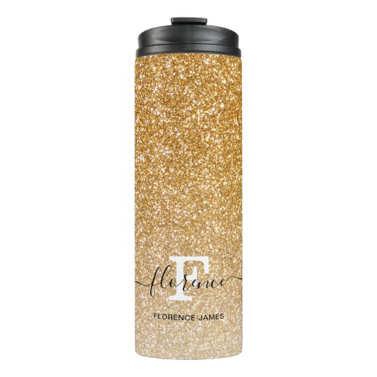 Gold Sparkle Glitter Ombre Girly Monogram Naam Thermosbeker (Voorkant)
