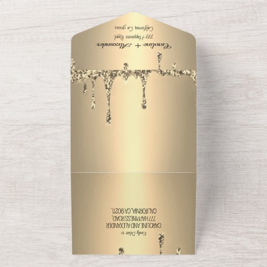 Gold Sparkle Glitter Script RSVP Moderne QR Code All In One Uitnodiging (Buitenkant)