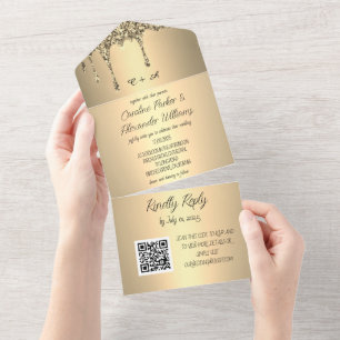 Gold Sparkle Glitter Script RSVP Moderne QR Code All In One Uitnodiging