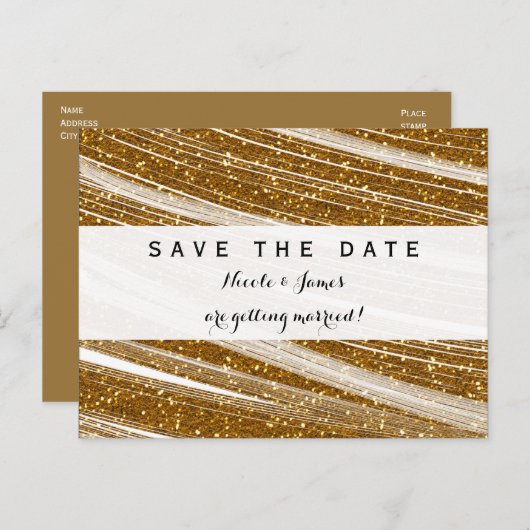 Gold Sparkle Glitter White Save the Date Briefkaar Aankondigingskaart (Voorkant / Achterkant)