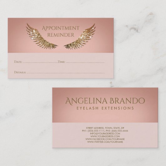 Gold Sparkle Lashes Afspraak Herinnering Roze Visitekaartje (Voorkant / Achterkant)