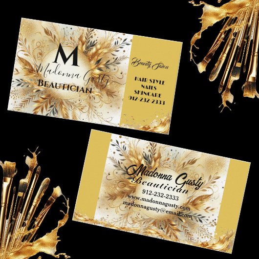 Gold Sparkle Monogram Floral Beauty Professional Visitekaartje