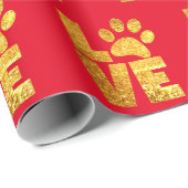 Gold Sparkle - Paw Print Love op Red Cadeaupapier (Rol Hoek)