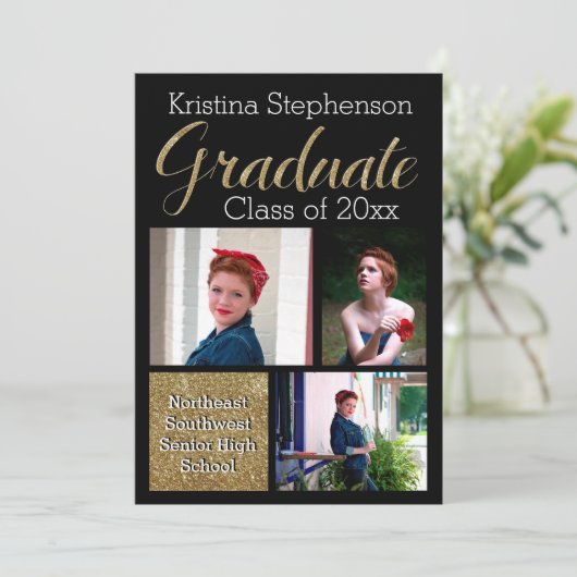 Gold Sparkle Photo Collage High School Afstuderen Kaart (Staand voorkant)