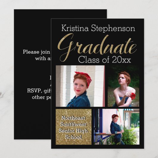 Gold Sparkle Photo Collage High School Afstuderen Kaart (Voorkant / Achterkant)
