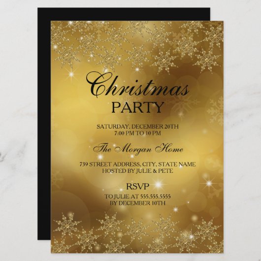 Gold Sparkle Snowflake kerstfeestdag uitnodiging (Voorkant / Achterkant)