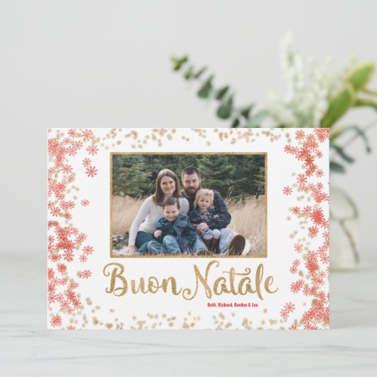 Gold Sparkle Snowflawflakes Buon Natale-fotokaart Feestdagenkaart (Staand voorkant)
