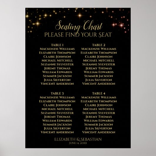 Gold Sparkle Stars 4 Table Wedding Seating Chart Poster (Voorkant)