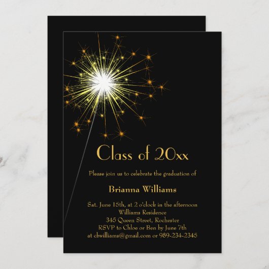 Gold Sparkler Graduation Party Uitnodiging (Voorkant / Achterkant)