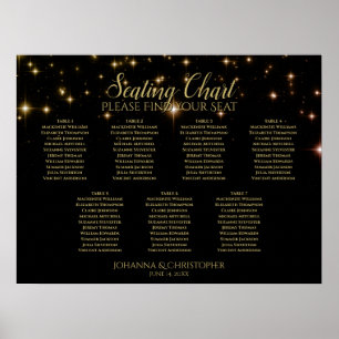 Gold Sparkles 7 Table Black Wedding Seating Chart Poster