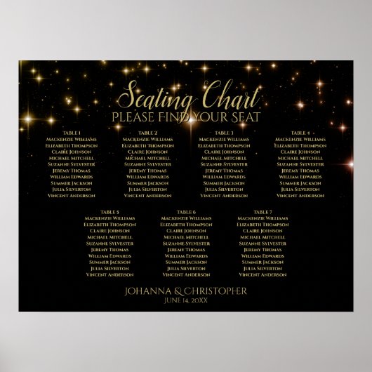 Gold Sparkles 7 Table Black Wedding Seating Chart Poster (Voorkant)