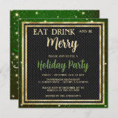 Gold Sparkles en Green Holiday Party Invitation Kaart (Voorkant / Achterkant)