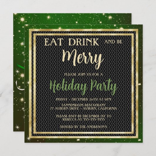Gold Sparkles en Green Holiday Party Invitation Kaart (Voorkant / Achterkant)