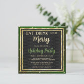 Gold Sparkles en Green Holiday Party Invitation Kaart (Staand voorkant)