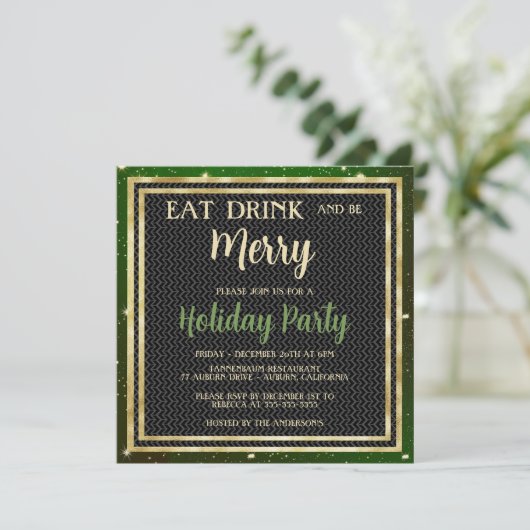 Gold Sparkles en Green Holiday Party Invitation Kaart (Staand voorkant)